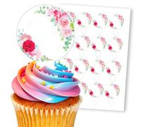 Pink Floral Border With Greenery, 16 Wafer Cupcake Stand-Up Toppers