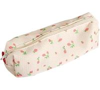 Pink Floral Canvas Pencil Case, Large Strawberry Pattern Stationery Organizer, Makeup Storage Pouch for Office Supplies