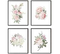 Pink Floral Canvas Wall Art, Set of 4 Roses Flowers Bouquet Pictures Pink Floral Picture Blossom Wall Art Bloom Painting for Bedroom (30x40cm)