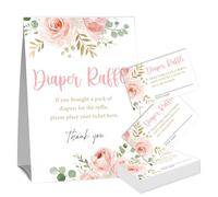 Pink Floral Diaper Raffle Cards for Baby Shower Game,1 Standing Sign & 50 Guessing Cards,Girl's Baby Shower Party Decoration,Guessing How Many Diaper Raffle Tickets