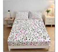 Pink Floral Fitted Sheet Single Bed With 2 Pillowcases, Retro Plants Fitted Sheet Bedding Sheets with Deep Pocket 30 Cm, Green Bed Sheets Soft Easy Care Brushed Microfiber Bedding 90x190x30cm