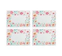 Pink Floral Glass Placemats Set - Flower Border Pretty Table Mats Gift - Tempered Glass Non-Slip Feet 4pk
