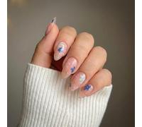 Pink Floral Gradient Press On False Nails With 3D Flowers & Gold Stars - Long Almond Shaped Artificial French Tip Manicure Set For Women Elegant Summer Design, Pearl Accents, Blue Patterns, Quick