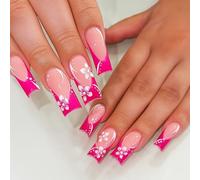Pink Floral Gradient Short Square False Nails With Glossy French Tip - Press On Manicure Kit Featuring White Flowers And Jelly Adhesive Tabs For Easy Application And Salon-Style Finish