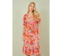 Pink Floral Midi Dress With Frill Hem and Puff Sleeves Yumi Pink 10