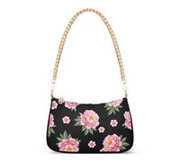 Pink Floral Peony Flowers Black Floral Shoulder Bag for Women Hobo Party Purse Chain Strap Zipper Purse Clutch