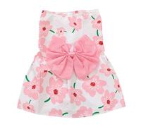 Pink Floral Pet Dress with Large Bow and Skirted Silhouette | Light pink polyester dress with an all-over flower print, flared skirt and prominent gathered bow detail at the back