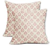 Pink Floral Pillow Covers 18x18 Inch Set of 2, Vintage Flower Block Print Pattern Decorative Throw Pillowcases Outdoor Farmhouse Cushion Covers Spring Summer Rustic Decoration Sofa Couch Bed Decor