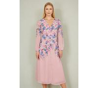 Pink Floral Placement Button Down Midi Dress With Long Sleeves Yumi Pink 10