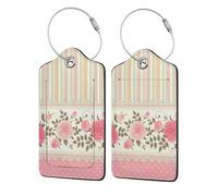 Pink Floral Polka Dots Neutral Striped Combo Vintage Shabby Chic Flower Lace Pattern,Luggage Tags Pu Leather Name Tag Travel Suitcase Identifier ID Tags Durable Luggage Label 2 pcs