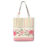 Pink Floral Polka Dots Neutral Striped Combo Vintage Shabby Chic Flower Lace Pattern,Reusable Grocery Bags Shopping Tote Bags Large Capacity Canvas Shoulder bag