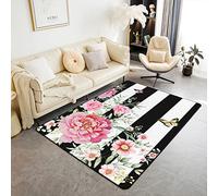 Pink Floral Rug, Black and White Stripes Area Rug 150x200cm, Teens Girls Pink and Black Carpet for Bedside, Rose with Butterfly and Leaves Stylish Fresh Flowers Non Slip Decorative Rug