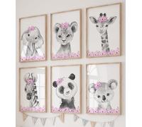 Pink Floral Safari Animals Set of 6 Unframed Poster Prints For Baby Girl Nursery Bedroom, Jungle Theme Wall Art, Elephant Lion Giraffe Zebra Panda Koala (A4)