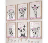 Pink Floral Safari Animals Set of 6 Unframed Poster Prints For Baby Girl Nursery Bedroom, Positive Affirmation Quotes, Safari Theme Wall Art, Gift Present, Giraffe Elephant Lion Zebra Panda Koala (A3)