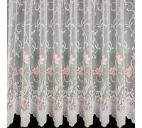 Pink Floral Scroll Design White Net Curtain - 36 inch (91cm) Drop - Patterned Scalloped Bottom - Green Leaf Details - Easy To Hang With Rod Top Pocket - SOLD BY THE METRE by Kellys Soft Furnishings