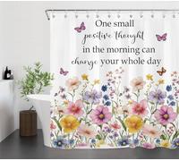 Pink Floral Shower Curtain 180x200cm Colorful Butterfly Wildflower Bathroom Curtains Black Inspirational Quote White Waterproof Mildew Mould Resistant Bath Curtain Set with Hooks Fabric Bathroom Decor