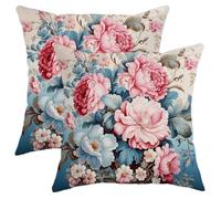 Pink Floral Throw Pillow Covers Pack of 2 Blue Flower Blooming Elegant Romantic Springs Vintage classi olorful Velvet Soft for Women Living Room Decor Bedroom Sofa Cushion Pillowcases 16x16inch
