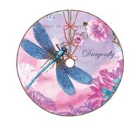 Pink Flower And Blue Dragonfly Print Christmas Tree Skirt,New Year Winter Christmas Tree Decoration,Suitable For Family Parties