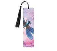 Pink Flower and Blue Dragonfly Print Wooden Bookmark Bookmarks with Tassels Book Marks for Reading Hardcover Books Notebooks