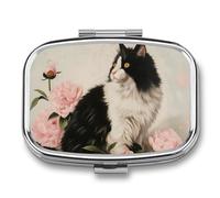 Pink Flower Cat Pill Case Box with 2 Compartment Medicine Vitamin Organizer for Purse Pocket 5.5x4cm