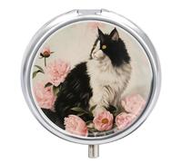 Pink Flower Cat Pill Case Box with 3 Compartment Medicine Vitamin Organizer for Purse Pocket 5x5cm