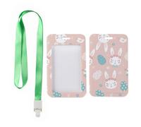 Pink Flower Crowns Rabbit Badge Holder with Green Lanyard, Ski Pass Holder, Vertical ID Cards Protector for School, Vertical Cards Protector for Work, Nurse Accessories Work Nurse Essentials
