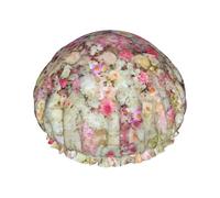 Pink Flower Group Print Shower Cap For Women Reusable Double Layer Stylish Soft Bath Cap With Lining Elastic Band