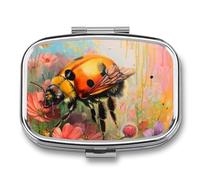 Pink Flower Ladybug Pill Case Box with 2 Compartment Medicine Vitamin Organizer for Purse Pocket 5.5x4cm