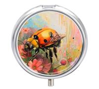 Pink Flower Ladybug Pill Case Box with 3 Compartment Medicine Vitamin Organizer for Purse Pocket 5x5cm