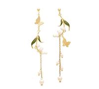 Pink Flower Long Tassel Dangle Drop Earrings Sakura Flower Leaf Pearl Petal Statement Earrings Asymmetric Boho Statement Sakura Floral Earrings for Women Bridal Prom Gifts, Zinc, unkown