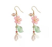 Pink Flower Long Tassel Dangle Drop Earrings Sakura Flower Leaf Pearl Petal Statement Earrings Asymmetric Boho Statement Sakura Floral Earrings for Women Bridal Prom Gifts, Zinc, unkown