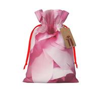 Pink Flower Petals Printed Christmas Drawstring Bags Reusable Xmas Bag for Party Xmas Gift Wrapping, Red Ribbon, S