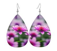 Pink flower purple butterfly 1 Printed Dangle Leather Earrings, Reversible Statement Jewelry with Silver Plated Hooks