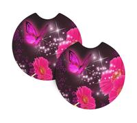 Pink flower purple butterfly Car Coasters - 2 Pack Car Coasters Home Decor Table Protectors 2.7 Inch Diameter