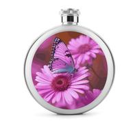 Pink Flower Purple Butterfly Hip Flasks for Liquor 5oz Stainless Steel Leakproof Thin Flasks Round Small Portable Travel Liquor Flask Modern Whiskey & Liquor Pocket Flask for Men&Women