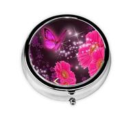 Pink Flower Purple Butterfly Print Pill Box for Pocket Round Pill Box 3 Compartment Decorative Portable Travel Pill Holder Tablet Vitamin Organizer Mini Pill Case(2pcs)