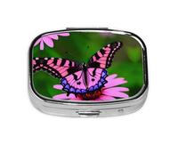 Pink Flower Purple Butterfly Print Square Metal Pill Box Decorative Pill Case - Carry Your Meds in Style (Rectangular)