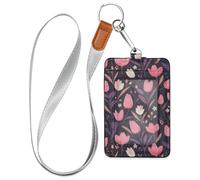 Pink Flower Purple Leaves Flat Illustration Style Leather Badge Holder for Women with Lanyard and 3-Card Capacity id Card Holders for Staffs Officers Students Doctors Employees