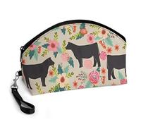Pink Flower Show Steer Cows Cattle Cosmetic Bag for Women Makeup Organizer with Wide Opening & Handle Waterproof PU Leather Zipper Pouch Portable Toiletry Bag for Skincare Brush Travel Essentials