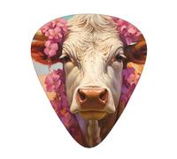 Pink Flower Show Steer Cows Cattle - Guitar Picks-12 Pack Includes Thin, Medium & Heavy Gauges, Best Gift for Guitar Lovers