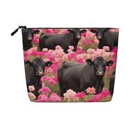 Pink Flower Show Steer Cows Cattle Multi Functional Single-Layer Linen Makeup Bag - Fashionable and Practical Cosmetic Storage Bag