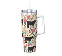 Pink Flower Show Steer Cows Cattle Print 40oz with Straw and Lid, Stainless Steel Double Wall Vacuum Insulated Coffee Mug for Hot and Cold Coffee, Travel Mug with Handle