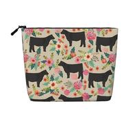 Pink Flower Show Steer Cows Cattle Print Makeup Bag Cute Cosmetic Bag for Women Makeup Pouch Travel Toiletry Bag for Lady