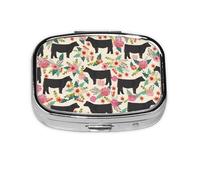 Pink Flower Show Steer Cows Cattle Print Square Metal Pill Box Decorative Pill Case - Carry Your Meds in Style (Rectangular)