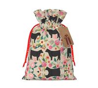 Pink Flower Show Steer Cows Cattle Print Xmas Drawstring Wrapping Bags For Xmas Package Storage, Christmas Party Supplies Favors