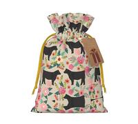 Pink Flower Show Steer Cows Cattle Print Xmas Drawstring Wrapping Bags For Xmas Package Storage, Christmas Party Supplies Favors