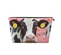 Pink Flower Show Steer Cows Cattle Printed Toiletry Bag for Women Girl Portable Travel Cosmetic Bag Leather Makeup Pouch Organizer with Gold Zipper