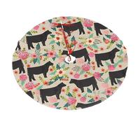 Pink Flower Show Steer Cows Cattle Printing Christmas Tree Skirt For Halloween,Snow Christmas Decorations For Holiday Trees Ornaments
