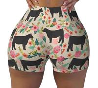 Pink Flower Show Steer Cows Cattle Printing Womens Workout Gym Shorts Casual Set,Ladies Active Athletic Apparel with Elastic Waist Short