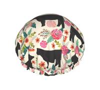 Pink Flower Show Steer Cows Cattle Shower Caps Women Men Reusable Waterproof Non-Slip Quick-Dry Hair Large Cap Long Short Hair